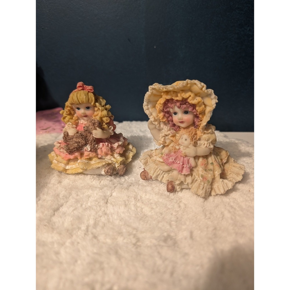 VTG Victorian Style Little Girl Figurines Lot 2 Resin Fluffy Dress Teddy Doll